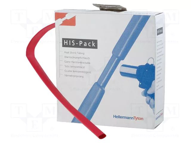Heat shrink sleeve; 3: 1; 12mm; L: 5m; red; reel; Wall thick: 850um HELLERMANNTYTON HIS-3-12/4R
