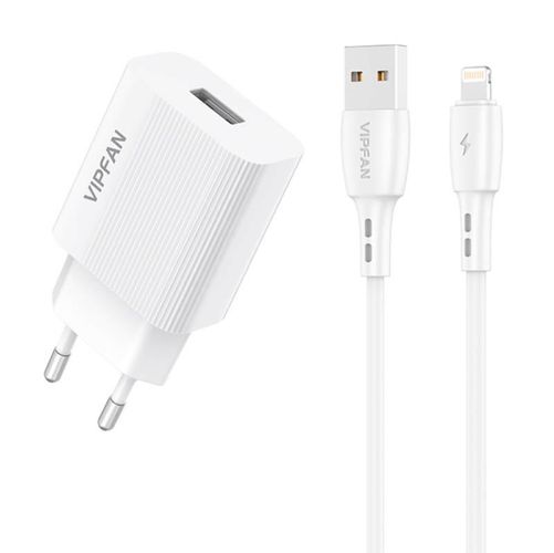 Network charger VFAN E01, 1x USB, 2.4A + Lightning cable (white), Vipfan E01S-LT