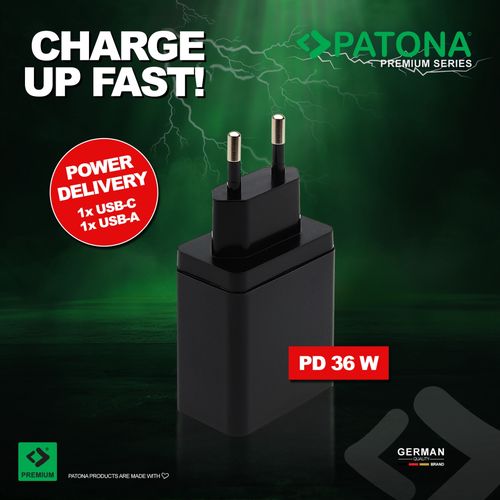 PATONA Premium PD36W Adapter black 5V/3A 9V/2A 12V/1.5A 1xUSB-C 1xUSB-A PD3.0 QC3.0, PATONA 2638 4055655234559