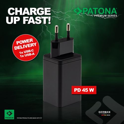 PATONA Premium GaN PD45W Adapter black 1xUSB-C 1xUSB-A PD3.0 QC3.0, PATONA 2639 4055655234566