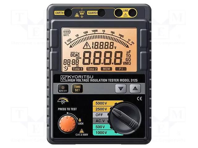 Meter: insulation resistance; LCD; VAC: 1÷30V,600V; ±(2%+3digit) KYORITSU KEW3125