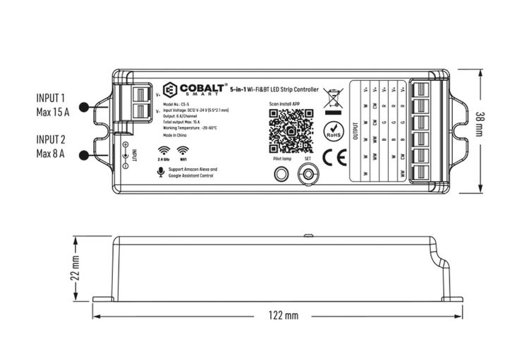 LED-kontroller DIM / RGBW / CCT, TUYA Wi-Fi, 12-24V 5x6A, koobalt 28-0000-15 5904405902363