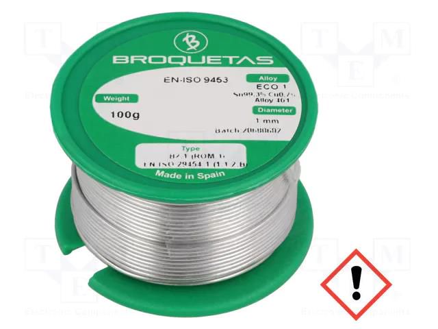 Tin; lead free; Sn99,3Cu0,7; 1mm; 0.1kg; reel; 220°C; Flux: SW26 BROQUETAS ECO1-10/01H