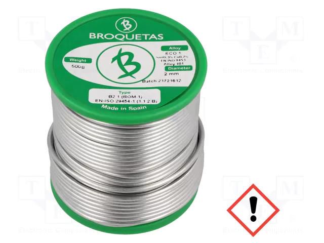 Tin; lead free; Sn99,3Cu0,7; 2mm; 0.5kg; reel; 220°C; Flux: SW26 BROQUETAS ECO1-20/05H