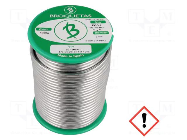 Tin; lead free; Sn99,3Cu0,7; 3mm; 1kg; reel; 220°C; Flux: SW26 BROQUETAS ECO1-30/10H