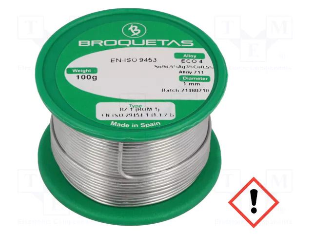 Tin; lead free; Sn96,5Ag3Cu0,5; 1mm; 0.1kg; reel; 217÷220°C BROQUETAS ECO4-10/01H