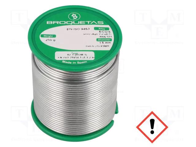 Tin; lead free; Sn99Ag0,3Cu0,7; 1.5mm; 0.25kg; reel; 217÷227°C BROQUETAS ECO5-15/025H