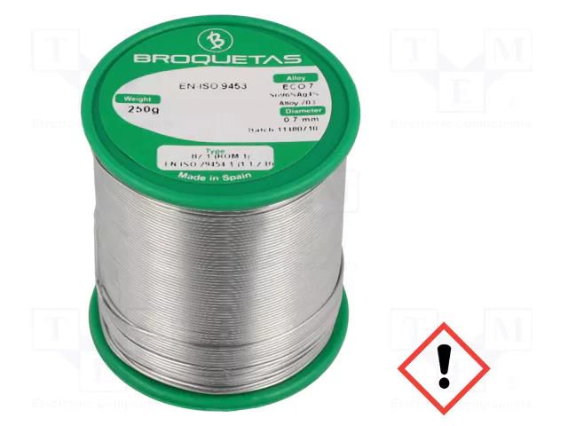 Tin; lead free; Sn96Ag4; 0.7mm; 250g; reel; 221°C; Flux: SW26 BROQUETAS ECO7-07/025H