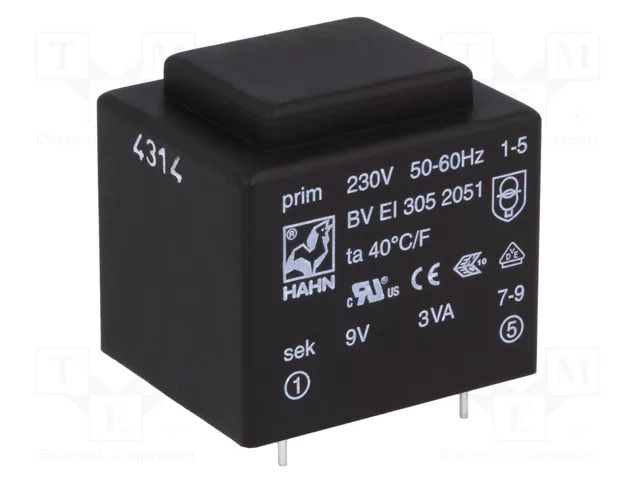 Transformer: encapsulated; 3VA; 230VAC; 9V; 334mA; PCB; BVEI HAHN BVEI3052051