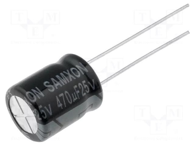 Capacitor: electrolytic; THT; 470uF; 25VDC; Ø10x12.5mm; Pitch: 5mm SAMXON KM470/25