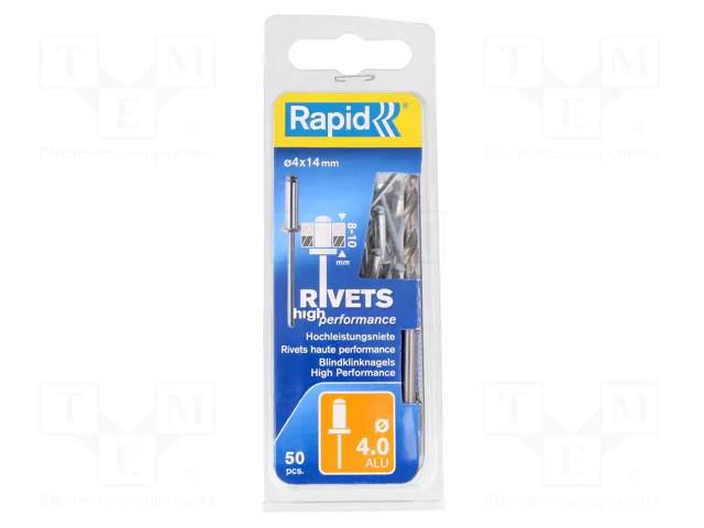 Rivet; aluminium; Rivet diam: 4mm; L.rivet: 14mm; 50pcs. RAPID RAP-4/14