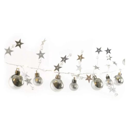 LED Christmas garland – silver spheres with stars, 1.9 m, 2x AA, indoor, warm white, timer, EMOS DCGW10 8592920111345