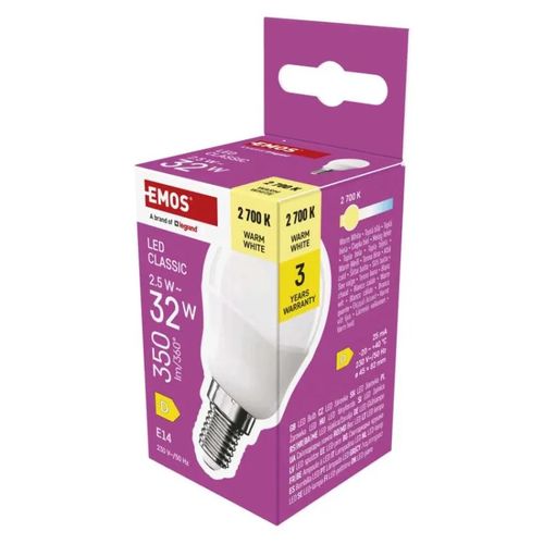 LED Bulb Classic Mini Globe / E14 / 2.5 W (32 W) / 350 lm / Warm white, EMOS ZQ1D11 8592920127551