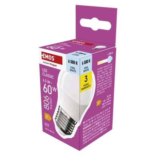 LED Bulb Classic Mini Globe / E27 / 6.5 W (60 W) / 806 lm / Cool White, EMOS ZQ6E44 8592920128039