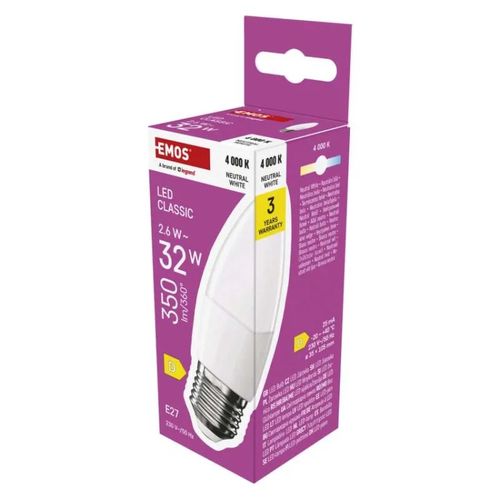 LED Bulb Classic Candle / E27 / 2,6 W (32 W) / 350 lm / neutral white, EMOS ZQ4D13 8592920127407