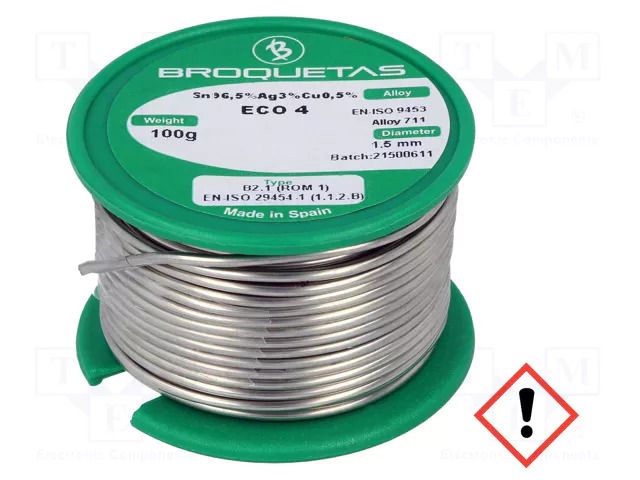 Tin; lead free; Sn96,5Ag3Cu0,5; 1.5mm; 100g; reel; 217÷220°C BROQUETAS ECO4-15/01H