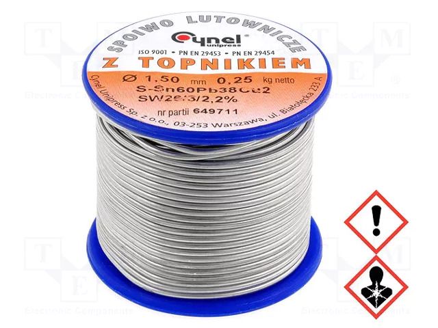Tin; lead-based; Sn60Pb38Cu2; 1.5mm; 0.25kg; reel; 183°C; 2.2% CYNEL LC60M2-1.5/0.25