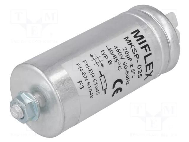 Capacitor: polypropylene; 20uF; 450VAC; ±5%; Ø40x88mm; MKSP-025 MIFLEX I140V620I-D