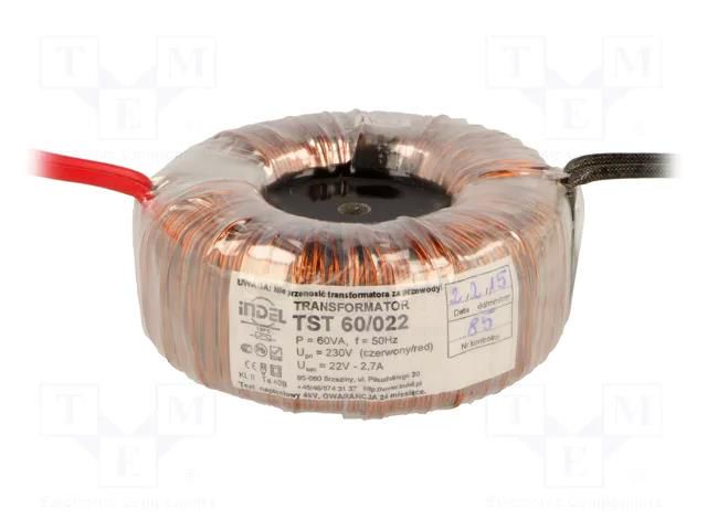 Transformer: toroidal; 60VA; 230VAC; 22V; Leads: cables INDEL TST60W/22V