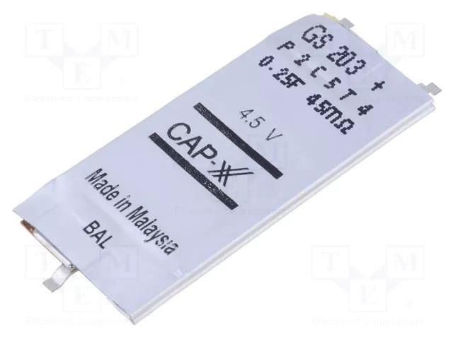 Supercapacitor; SMD; 0.25F; 4.5VDC; ±20%; 40x17.5x2.1mm; 30A; EDLC CAP-XX GS203F