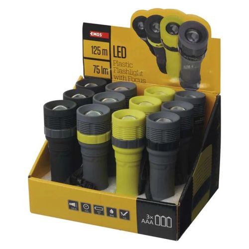 LED Flashlight, 75 lm, 3× AAA, Focus 12 pcs, display box, EMOS P4703 8592920038710