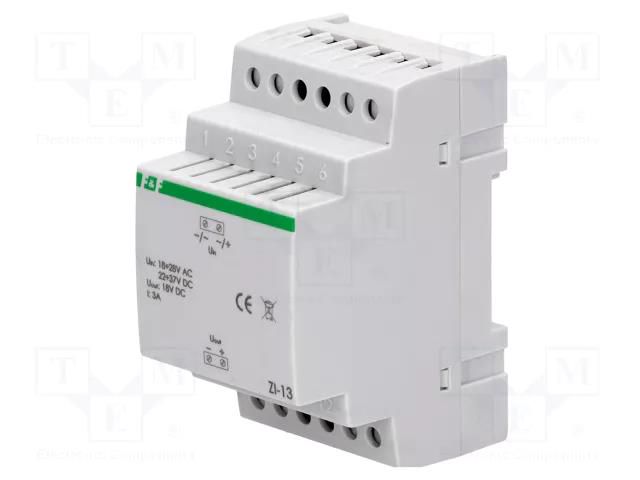 Power supply: switched-mode stabiliser; for DIN rail; 18VDC; 3A F&F ZI-13