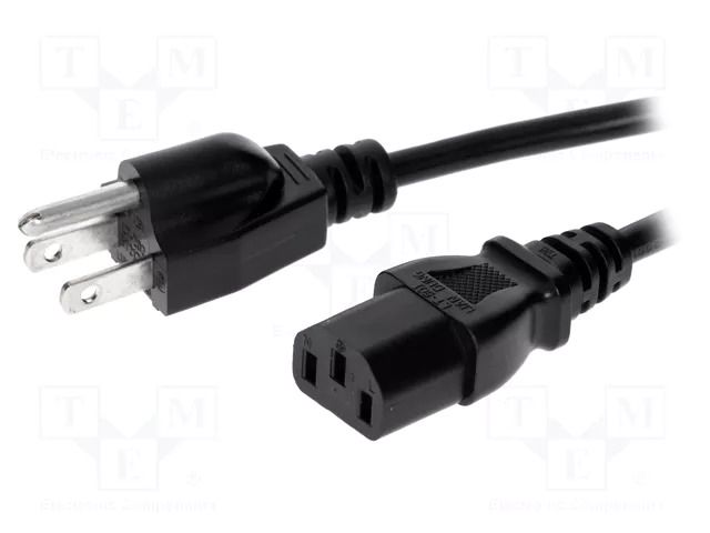Cable; 3x18AWG; IEC C13 female,NEMA 5-15 (B) plug; PVC; 1.8m LIAN DUNG SN22-3/18/1.8BK