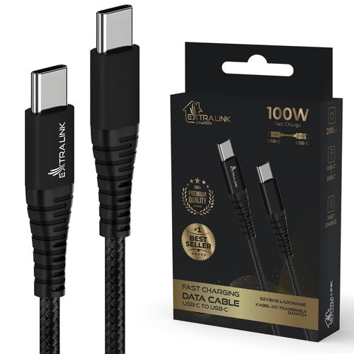 Extralink Smart Life Braided 100W USB Type-C to Type-C 2m Black | USB Type C Cable | 480 Mbps, 20V 5A, EXTRALINK CABESL02 5905090339427