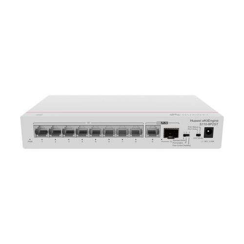 Huawei S110-8P2ST | Switch | 8x GE PoE+, 1x SFP, 1x GE, 124W, AC, HUAWEI S110-8P2ST 6901443428434