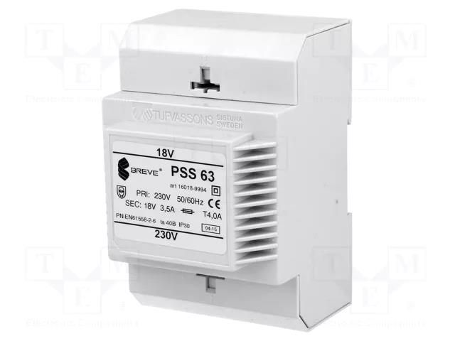 Transformer: mains; 63VA; 230VAC; 18V; Leads: terminal block; IP30 BREVE TUFVASSONS PSS63/230/18V