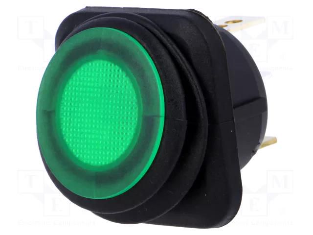 ROCKER; SPST; Pos: 2; ON-OFF; 10A/250VAC; 25A/12VDC; green; IP65; LED SCI R13203B8402BBG5