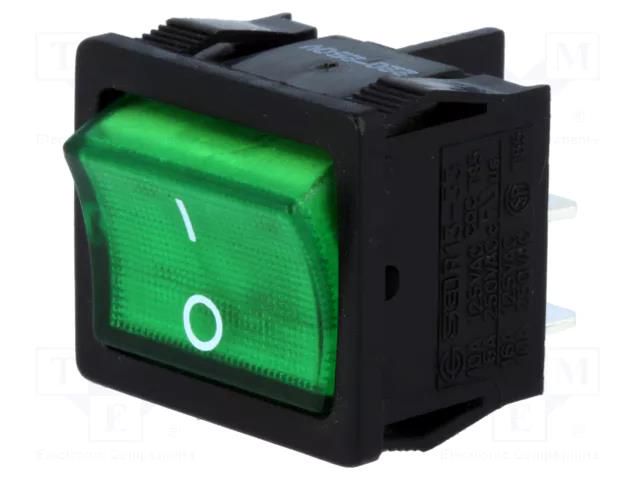 ROCKER; DPST; Pos: 2; ON-OFF; 6A/250VAC; green; neon lamp; R13-33-AC SCI RS1333BBG2N2