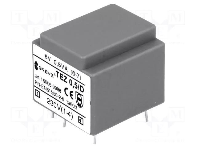 Transformer: encapsulated; 0.5VA; 230VAC; 6V; 83.3mA; PCB; IP00 BREVE TUFVASSONS TEZ0.5/D/6V