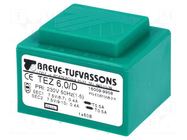 Transformer: encapsulated; 6VA; 230VAC; 7.5V; 7.5V; 400mA; 400mA BREVE TUFVASSONS TEZ6/D/7.5-7.5V