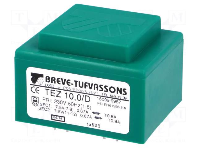 Transformer: encapsulated; 10VA; 230VAC; 7.5V; 7.5V; 666.6mA; PCB BREVE TUFVASSONS TEZ10/D/7.5-7.5V