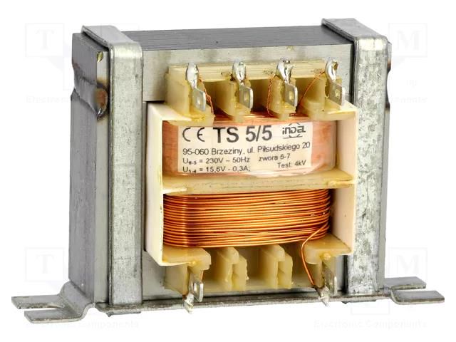 Transformer: mains; 5VA; 230VAC; 15.6V; 300mA; Leads: solder lugs INDEL TS5/5