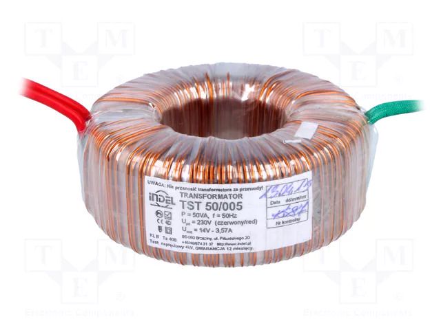 Transformer: toroidal; 50VA; 230VAC; 14V; 3.57A; Leads: cables; IP00 INDEL TST50W/14V