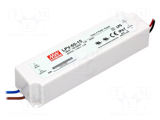 Power supply: switching; LED; 60W; 15VDC; 4A; 90÷264VAC; 127÷370VDC MEAN WELL LPV-60-15