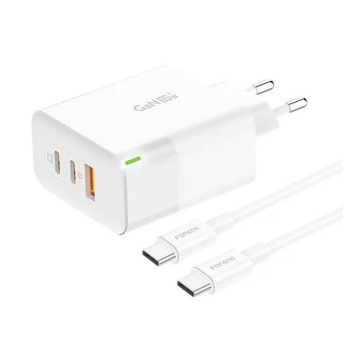 Charger Foneng GAN65 USB-A, 2x USB-C GaN 65W with USB-C cable, Foneng GAN65 C-C