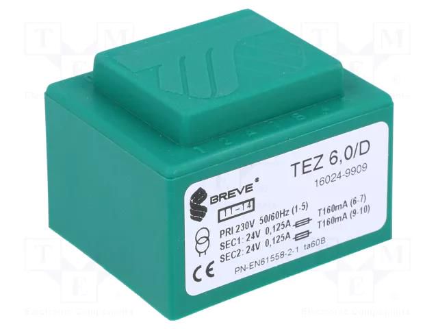 Transformer: encapsulated; 6VA; 230VAC; 24V; 24V; 125mA; 125mA; PCB BREVE TUFVASSONS TEZ6/D/24-24V