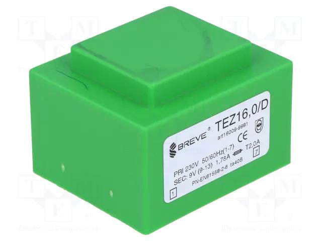 Transformer: encapsulated; 16VA; 230VAC; 9V; 1777.7mA; PCB; IP00 BREVE TUFVASSONS TEZ16/D/9V