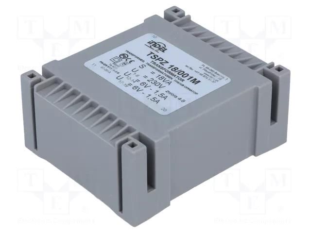 Transformer: encapsulated; 18VA; 230VAC; 6V; 6V; 1.5A; 1.5A; PCB INDEL TSPZ18/2X6V