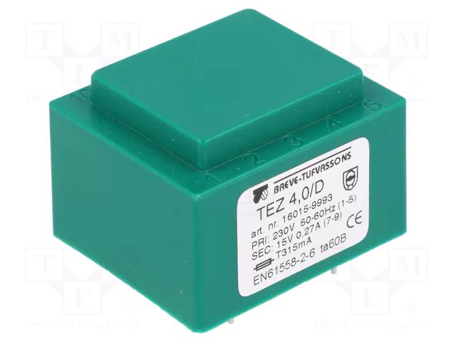 Transformer: encapsulated; 4VA; 230VAC; 15V; 266.6mA; PCB; IP00 BREVE TUFVASSONS TEZ4/D/15V