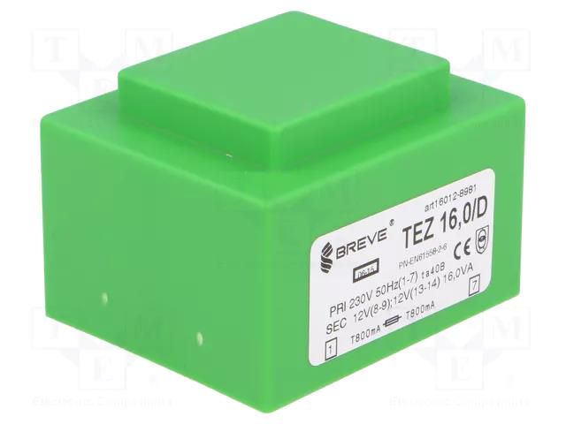 Transformer: encapsulated; 16VA; 230VAC; 12V; 12V; 666.6mA; 666.6mA BREVE TUFVASSONS TEZ16/D/12-12V