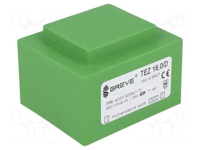 Transformer: encapsulated; 16VA; 400VAC; 12V; 1333.3mA; PCB; IP00 BREVE TUFVASSONS TEZ16/D400/12V