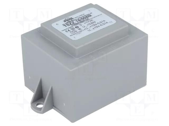 Transformer: encapsulated; 18VA; 230VAC; 15V; 15V; 600mA; 600mA; PCB INDEL TSZZ15/2X15V