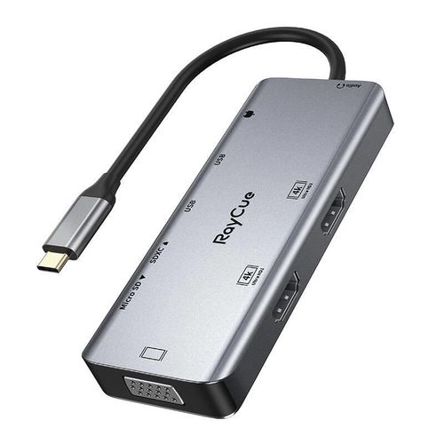 Hub 9in1 RayCue USB-C to 2x USB-A 3.0 5Gbps + 2x SD/TF 3.0 + 2x HDMI 4K30Hz + VGA 1080p + jack 3.5mm + PD 3.0 100W (gray), RayCue HYD-RC2901