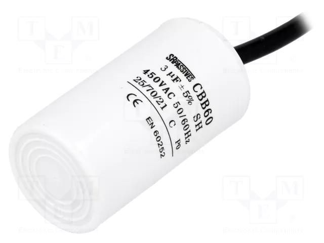 Capacitor: polypropylene; motors, run; 3uF; 450V; Ø35x60mm; ±5% SR PASSIVES CBB60H-3/450
