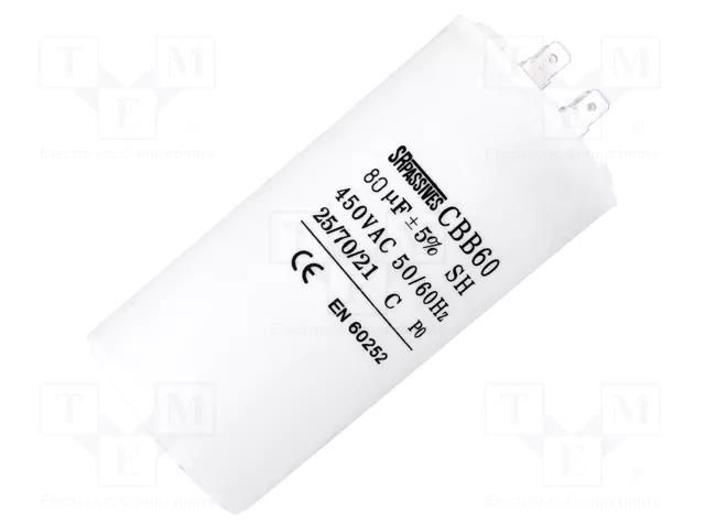 Capacitor: polypropylene; motors, run; 80uF; 450V; ±5%; 3000h SR PASSIVES CBB60A-80/450