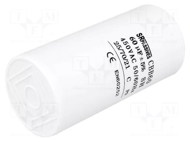 Capacitor: polypropylene; motors, run; 60uF; 450V; ±5%; 3000h SR PASSIVES CBB60A-60/450
